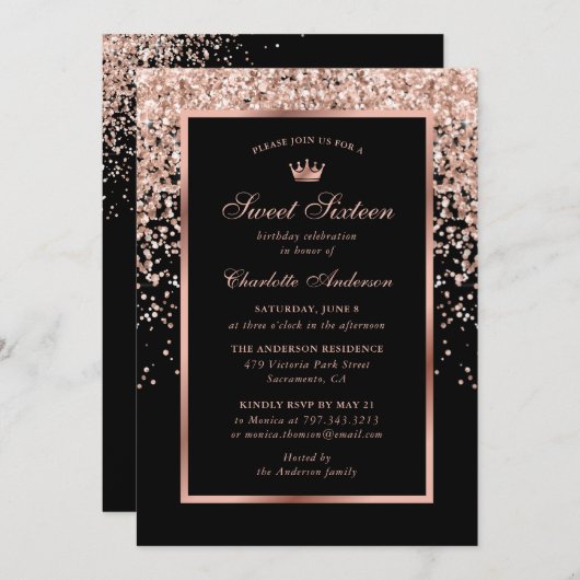 ブラックエレガントモダンバラ金ゴールドスウィート16誕生日 招待状 (正面/裏面)