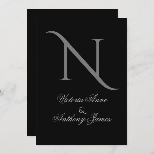 ブラックエレガントモノグラムイニシャル結婚ズ 招待状 (正面/裏面)