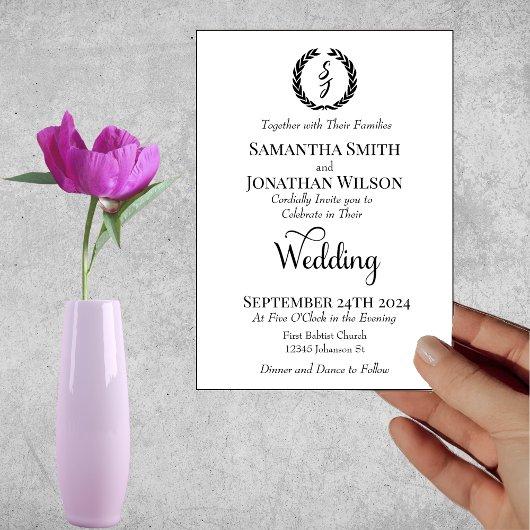 ブラックエレガントモノグラムリースホワ結婚イト 招待状