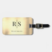 ブラックエレガントモノグラム&名前、ブラシ付き金ゴールド ラゲッジタグ (正面横)