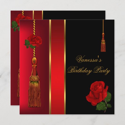 ブラックエレガントレッドローズ金ゴールド誕生日パーティー 招待状 (正面/裏面)