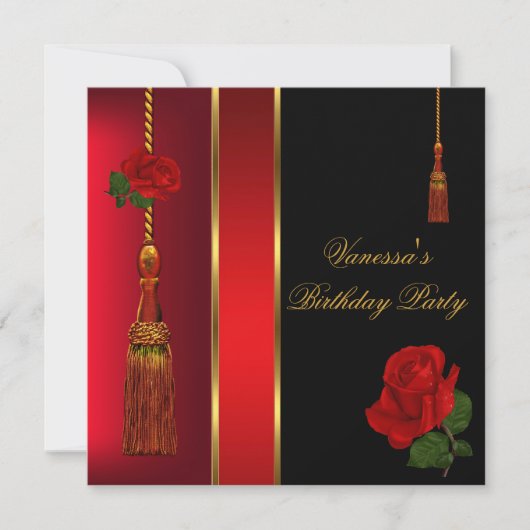ブラックエレガントレッドローズ金ゴールド誕生日パーティー 招待状 (正面)