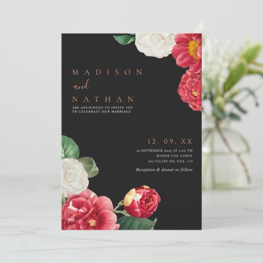 ブラックエレガントヴィンテージフローラ結婚式招待状 招待状 (スタンド正面)