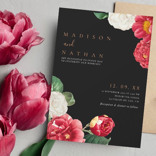 ブラックエレガントヴィンテージフローラ結婚式招待状 招待状