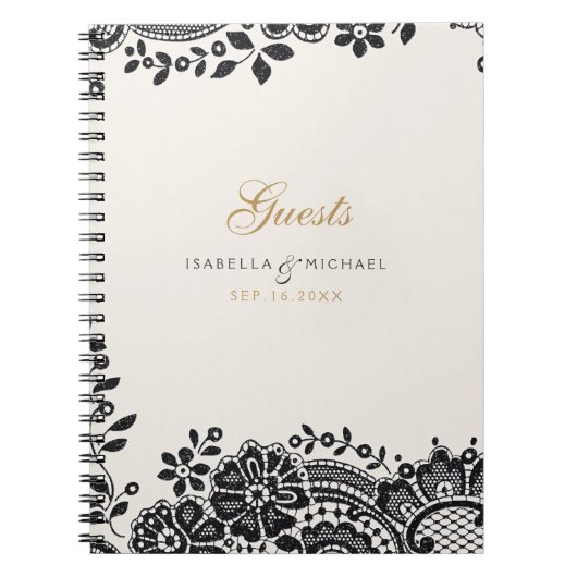 ブラックエレガントヴィンテージレ結婚ースのゲストブック ノートブック (正面)
