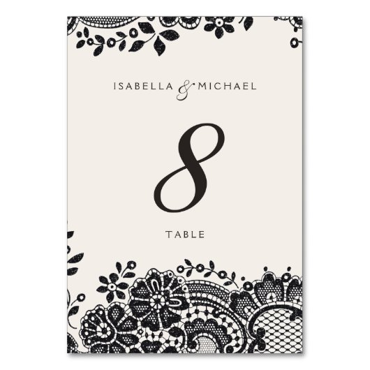 ブラックエレガントヴィンテージレ結婚ースのテーブルカード テーブルナンバー (正面)
