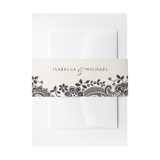 ブラックエレガントヴィンテージレ結婚ースのモノグラム 招待状ベリーバンド (正面例)