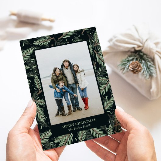 ブラックエレガント上のクリスマスの枝 |写真 シーズンカード