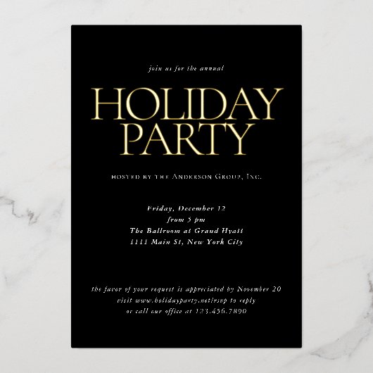 ブラックエレガント会社企業のホリデーパーティー金ゴールド 箔招待状 (正面)