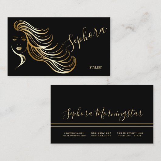 ブラックエレガント及び金ゴールド金属箔美容師 名刺 (正面/裏面)