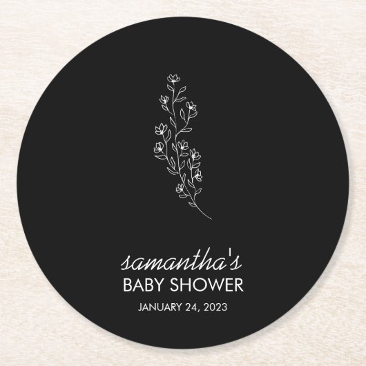 ブラックエレガント手描きスケッチ花 ラウンドペーパーコースター (正面)