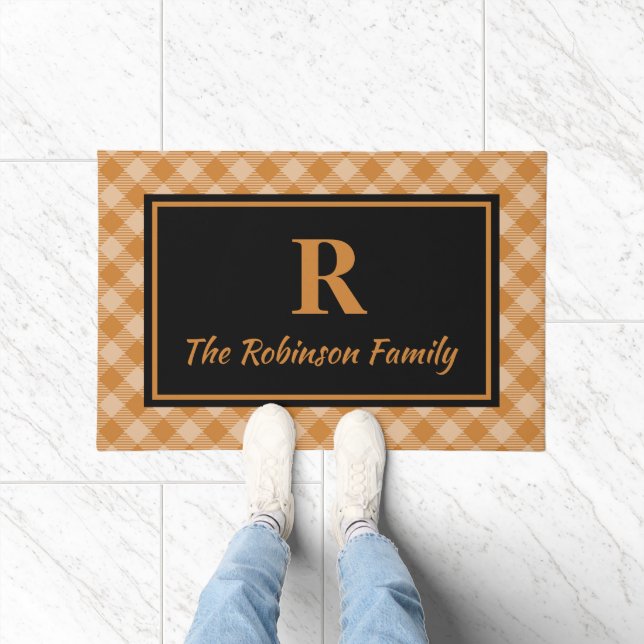 ブラックエレガント秋バッファロープレイドカスタムモノグラム ドアマット (室内)