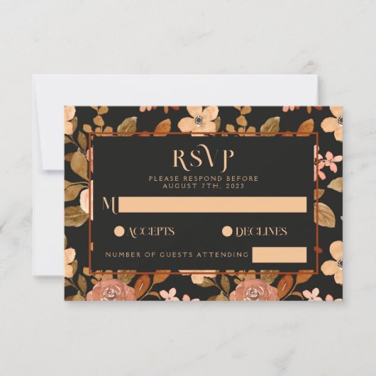ブラックエレガント秋銅フローラボホ結婚ズ 出欠カード (正面)