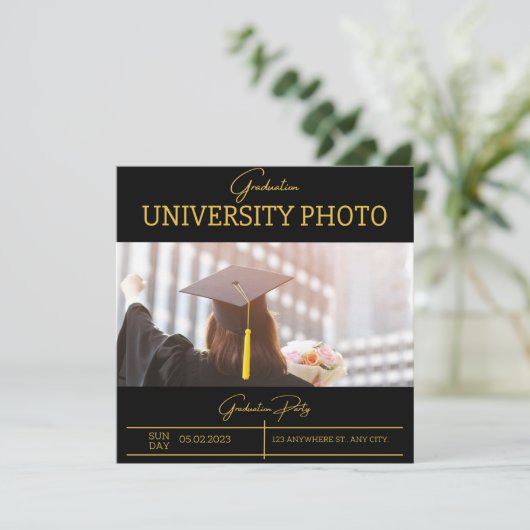 ブラックエレガント箔ボーダー大学卒業 招待状 (スタンド正面)