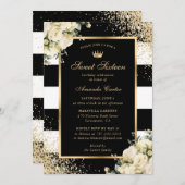 ブラックエレガント金ゴールドアイボリーフローラスウィート16誕生日 招待状 (正面/裏面)