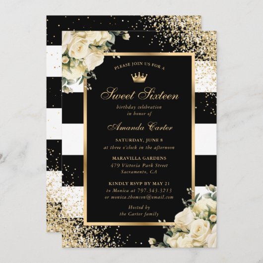 ブラックエレガント金ゴールドアイボリーフローラスウィート16誕生日 招待状 (正面/裏面)