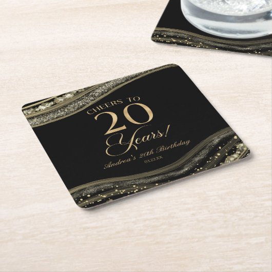 ブラックエレガント金ゴールドアゲート20th誕生日パーティー スクエアペーパーコースター (アングル)