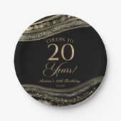ブラックエレガント金ゴールドアゲート20th誕生日パーティー ペーパープレート (正面)