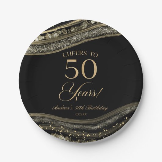 ブラックエレガント金ゴールドアゲート50th誕生日パーティー ペーパープレート (正面)