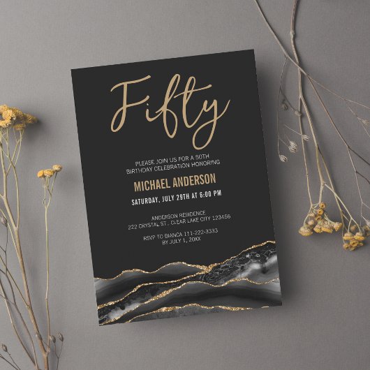 ブラックエレガント金ゴールドアゲート50th誕生日パーティー 招待状