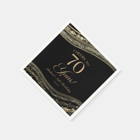 ブラックエレガント金ゴールドアゲート70th誕生日パーティー スタンダードカクテルナプキン (角)