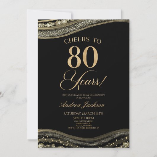 ブラックエレガント金ゴールドアゲート80th誕生日パーティー 招待状 (正面)