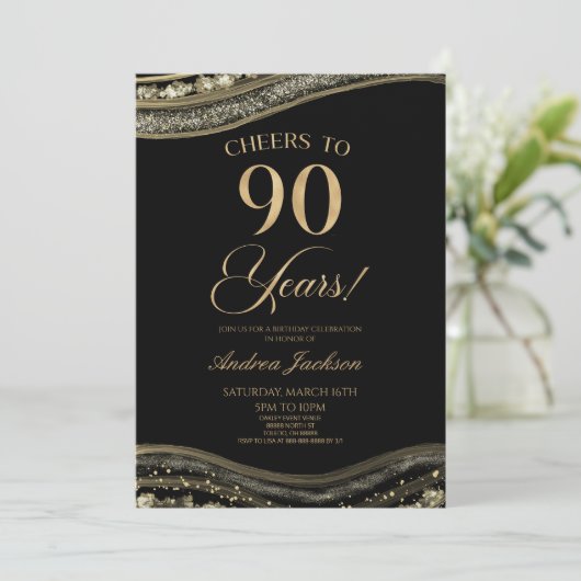 ブラックエレガント金ゴールドアゲート90th誕生日パーティー 招待状 (スタンド正面)