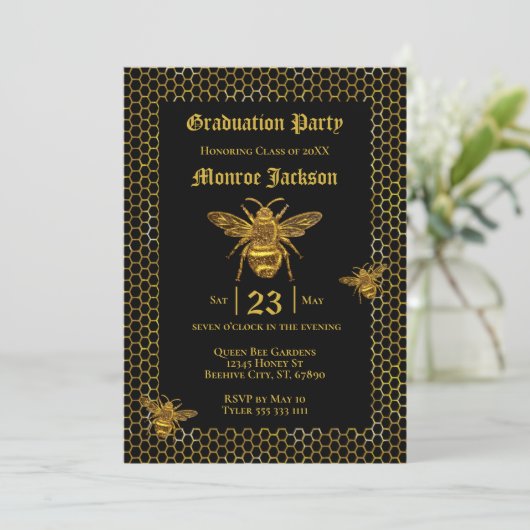 ブラックエレガント金ゴールドクイーンビービーハイブ卒業 招待状 (スタンド正面)