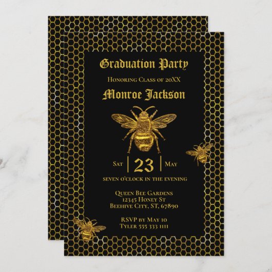 ブラックエレガント金ゴールドクイーンビービーハイブ卒業 招待状 (正面/裏面)