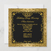ブラックエレガント金ゴールドクラウンフローラ誕生日パーティー 招待状 (裏面)