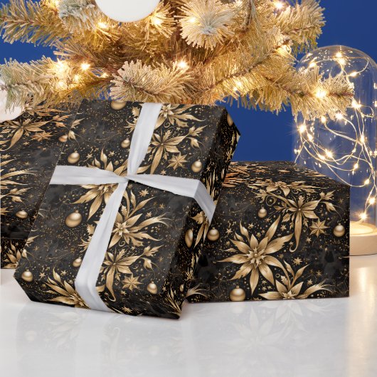 ブラックエレガント金ゴールドクリスマスオーナメントフローラ ラッピングペーパー (クリスマス)