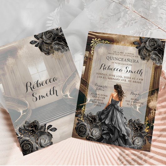 ブラックエレガント金ゴールドグランド社交ダンスプリンセス15アニョス 招待状