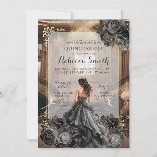 ブラックエレガント金ゴールドグランド社交ダンスプリンセス15アニョス 招待状 (正面)