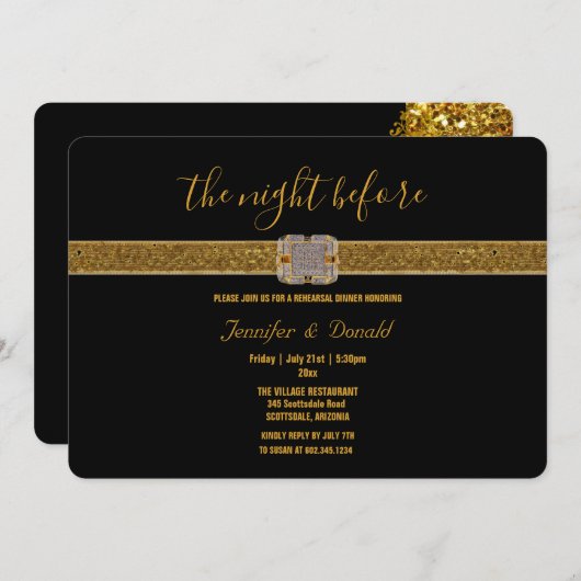 ブラックエレガント金ゴールドグリッターブルックリハーサルディナー 招待状 (正面/裏面)