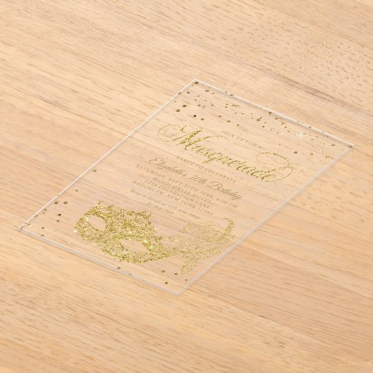 ブラックエレガント金ゴールドグリッターマスカレード誕生日 アクリル招待状 (レイダウン)