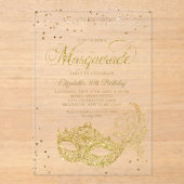 ブラックエレガント金ゴールドグリッターマスカレード誕生日 アクリル招待状 (正面)