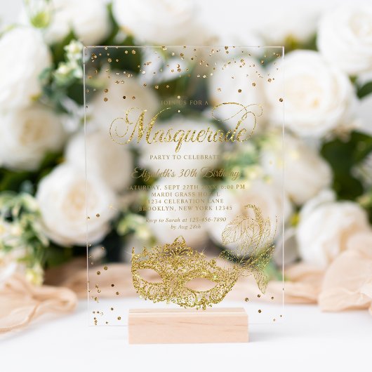 ブラックエレガント金ゴールドグリッターマスカレード誕生日 アクリル招待状