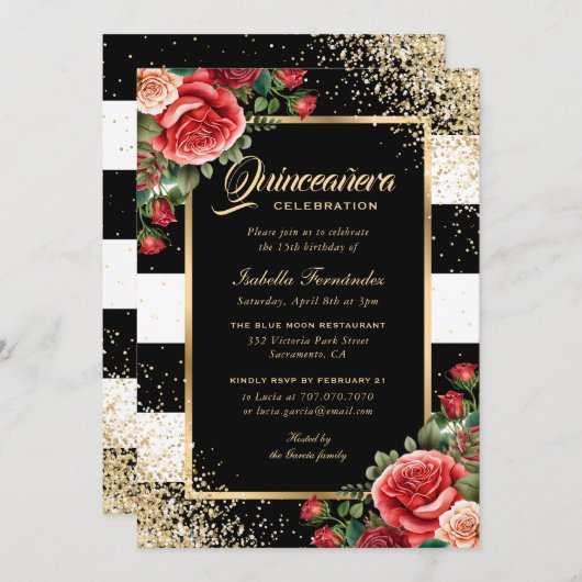 ブラックエレガント金ゴールドグリッターレッドフローラキンセアニラ 招待状 (正面/裏面)