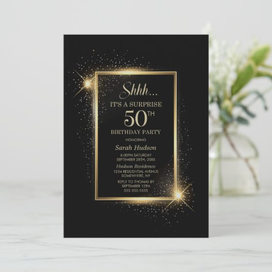 ブラックエレガント金ゴールドサプライズ50thバースデーパーティー 招待状 (スタンド正面)