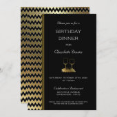 ブラックエレガント金ゴールドシェブロンストライプの誕生日ディナー 招待状 (正面/裏面)