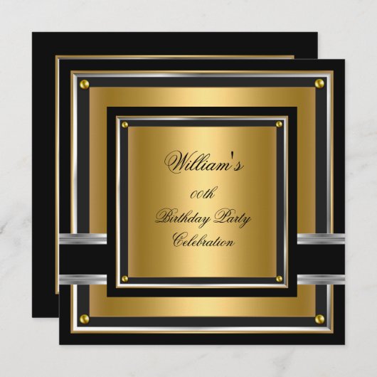 ブラックエレガント金ゴールドシルバーバースデーパーティーメンズボーイズ 招待状 (正面/裏面)