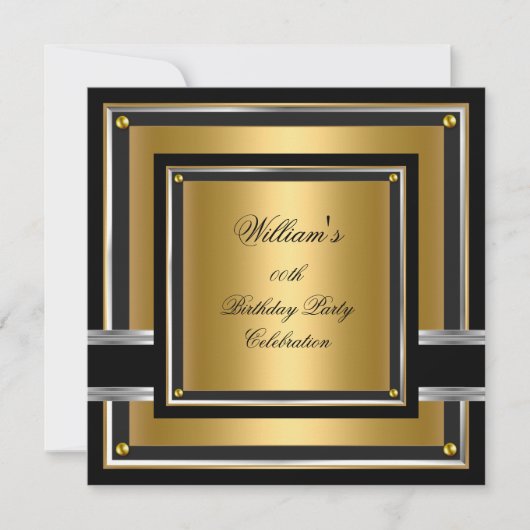 ブラックエレガント金ゴールドシルバーバースデーパーティーメンズボーイズ 招待状 (正面)