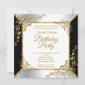 ブラックエレガント金ゴールドシルバーパールバースデーパーティー 招待状 (正面)