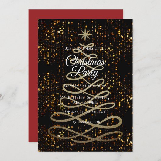 ブラックエレガント金ゴールドシンプルモダンクリスマスパーティー 招待状 (正面/裏面)