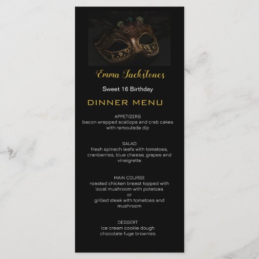 ブラックエレガント金ゴールドスウィート16マスカレードマスク メニュー (正面)