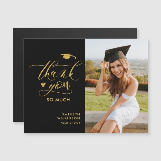 ブラックエレガント金ゴールドスクリプト卒業ありがとう (正面/裏面)