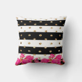 ブラックエレガント金ゴールドストライプグリッタードットピンクローズ クッション (裏面)