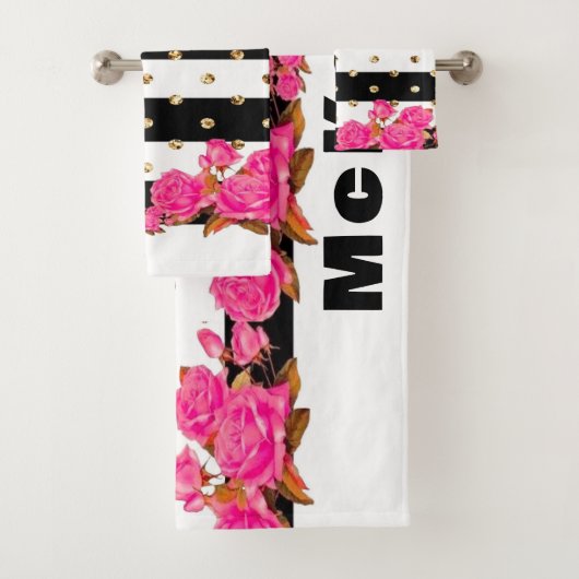ブラックエレガント金ゴールドストライプグリッタードットピンクローズ バスタオルセット (インサイチュ)