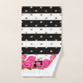 ブラックエレガント金ゴールドストライプグリッタードットピンクローズ バスタオルセット (ハンドタオル)