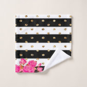 ブラックエレガント金ゴールドストライプグリッタードットピンクローズ バスタオルセット (ウォッシュタオル)